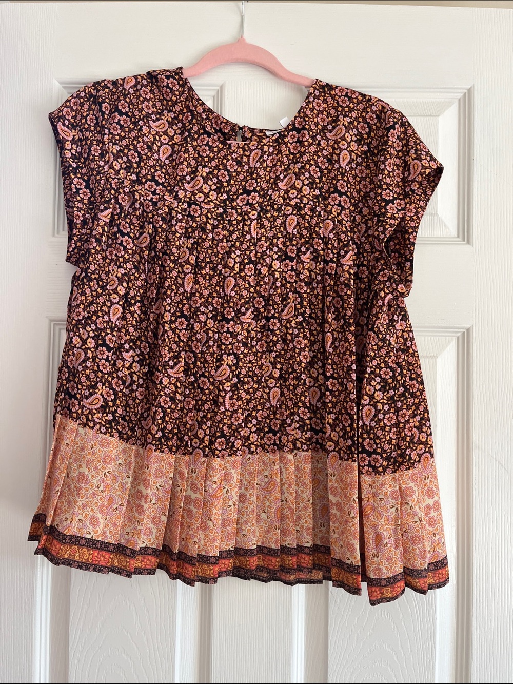 DR2 Pink and Brown Floral Paisley pleated blouse.